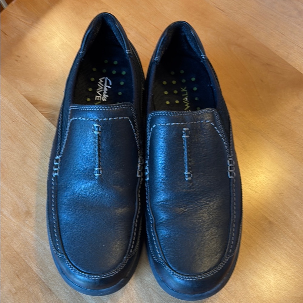Clarks Black Leather Slip-On Loafers with Moccasin Stitching (Never Worn)